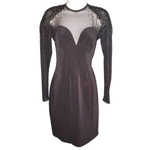 Vintage Tadashi Bodycon Sheer Top Rhinestone Black Dress Medium USA Made Beauty